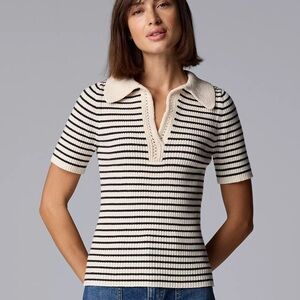 Simply Vera Vera Wang Black and Cream Striped Crochet Polo Size Medium